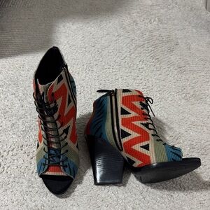 Burberry Multicolor Aztec Lace-Up Peep-Toe Heeled Boots